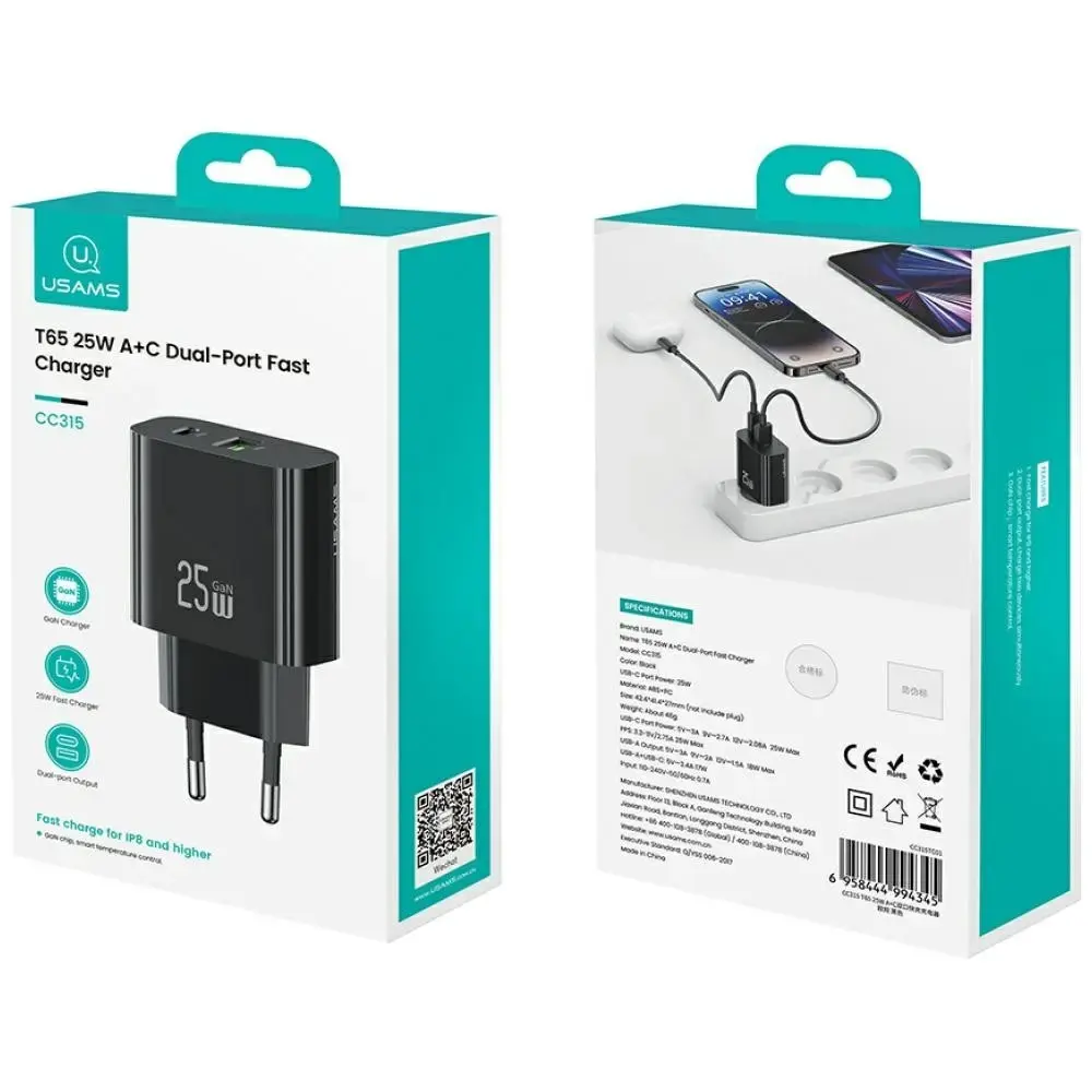 usams USA001629 25 W USB-C + USB-A lādētājs Photo 2