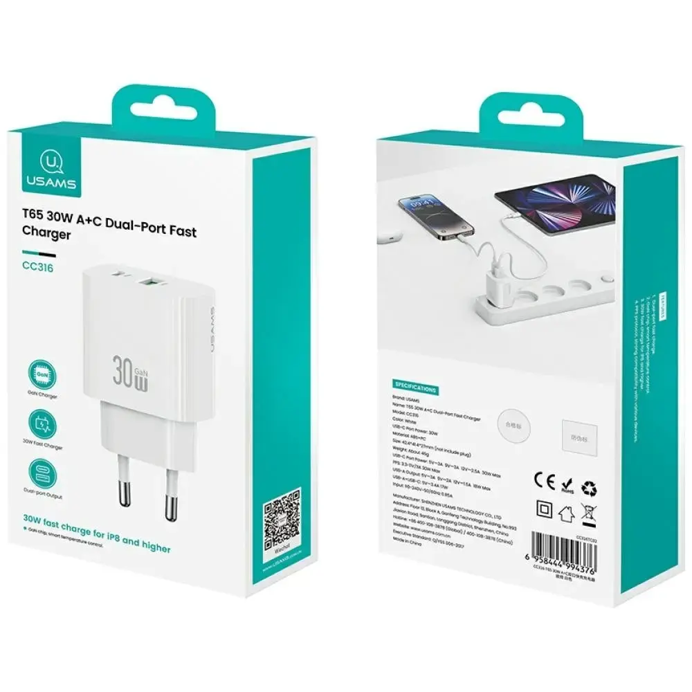 Зарядное usams USA001632 30W USB-C USB-A Photo 2