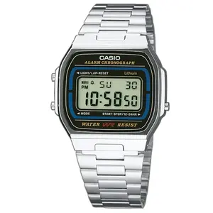 Rokas pulkstenis CASIO A164WA-1VES — digitāls retro sudraba, tērauda siksna, ūdensizturība (A164WA-1VES)