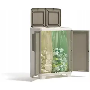 Waste sorting system Keter Split Premium Wood 110L — dual-compartment recycling bin, light beige/light gray