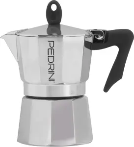 Coffee maker Pedrini 9083-3 — polished aluminum stovetop espresso maker, 3-cup, silver and black