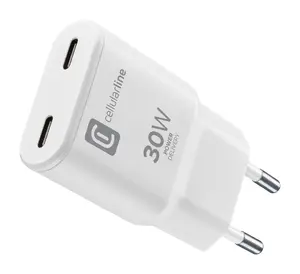 Cellularline GAN Wall Charger 30W with 2x USB-C Ports and Fast Charging White