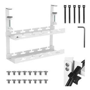 Kabeļu organizators zem galda MACLEAN MC-104 W, 2 līmeņu tērauda plaukts, balts, max slodze 5 kg, piemērots galda biezumam 0,5–5 cm