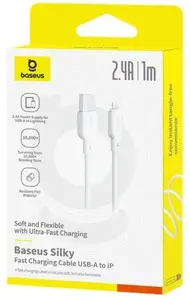 USB cable Baseus Silky Series 2.4A 2m White — USB charging and data cable, 2.4A, 2 m, white