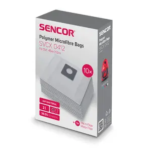 Putekļu maisiņi putekļu sūcējam SENCOR SVCX0412 saderīgi ar SVC45 SVC52 – 10 vienreizlietojami mikrošķiedras maisiņi + 2 mikrofiltri, 2 l, 99,5% efektivitāte
