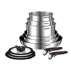Pot set Tefal Ingenio Emotion L897SB74 — 11-piece stackable non-stick stainless steel, oven-safe, Thermo-Spot