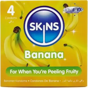 Презервативы SKINS BANANA PREMIUM PACK 4 — латексные презервативы со вкусом банана, упаковка 4 шт.