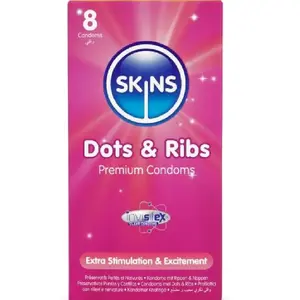 Condoms SKINS DOTS & RIBS PREMIUM PACK 8 — textured dotted and ribbed latex condoms, pack of 8