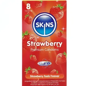Презервативы SKINS Strawberry Premium Pack 8 шт., с ароматом клубники, смазанные