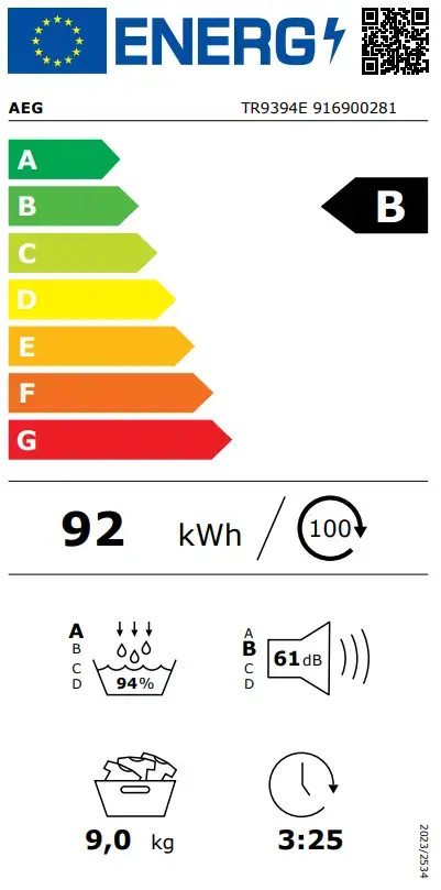Žāvētājs ar siltuma sūkni AEG TR9394E AbsoluteCare Plus 9 kg Photo 2