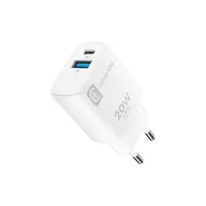 Travel charger cellular line Dual Port 20W PD — 20 W USB‑C PD travel power adapter, white