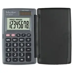 Kompakts kabatas kalkulators VECTOR KAV CH-862D, 8 cipari, pamatfunkcijas, akumulators/saules, 24 taustiņi, pelēks ar aizsargvāciņu