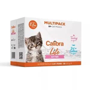 Влажный корм для котят Calibra Life — лосось и индейка, пауч 85 г, без зерна, без сои, 12×85 г