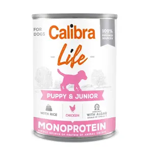 Влажный корм для щенков Calibra Puppy & Junior Курица с рисом 400 г — полноценное питание для роста, влажность 78%, белок 9,5%, жир 7%