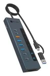 ICY BOX IB-HUB1742CR-C2PD 11-in-1 USB Type-C centrmezgls ar karšu lasītāju, Power Delivery un 10000 Mbit/s datu pārsūtīšanas ātrumu, melns alumīnijs