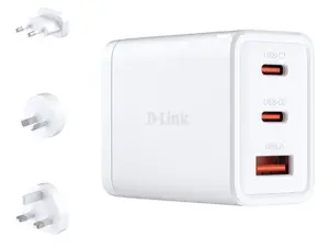 AC Indoor Charger D-Link DCP-651 — 65 W GaN, 2x USB‑C, Universal compatibility, 90–264 V, White
