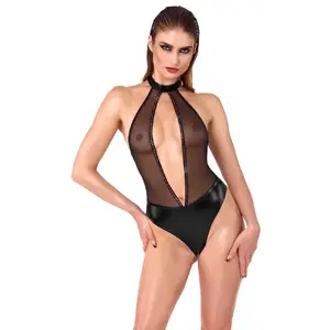 Noir bodysuit thong body Rhinestones XL – powerwetlook & transparent powernet, halterneck, high-cut leg