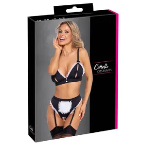 Apakšveļa Cottelli Collection Maid komplekts M – 2 daļu bustjē un biksītes ar zeķturēm, melns ar baltām volāniņām, atvērta klātbūtne, regulējamas siksnas, 88% poliesters 12% spandekss