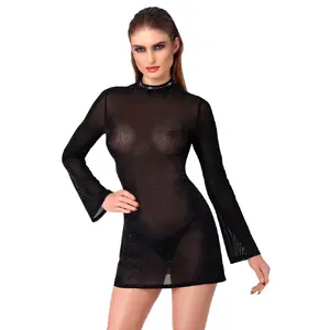 Платье Noir Mini 27193201031 — размер M, блестящее прозрачное чёрное, трубы рукава, расклешённая юбка