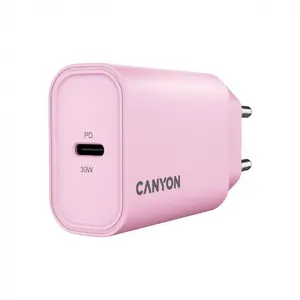 Sienas lādētājs CANYON OnCharge 30CL, maksimālā jauda 30 W, 1× USB‑C PD, EU kontakts, rozā