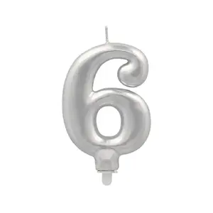 Number candle 6 Papstar 7 cm silver with holder, paraffin, 0.033 kg