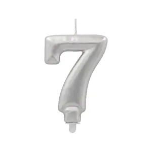 Number candle 7 Papstar, 7 cm paraffin candle with integrated holder, silver