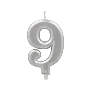 Numeric cake candle Papstar model 9, 7 cm, silver, with holder
