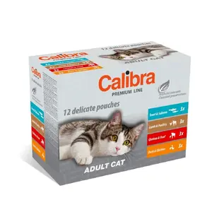 Влажный корм для кошек Calibra Premium Adult мультипак 12×100 г — полный беззерновой влажный корм для взрослых, белок 9%, жир 4,5%
