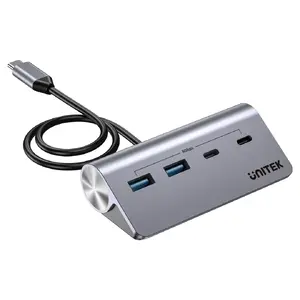 USB‑хаб Unitek H1337AGY01 — 4 порта (2×USB‑C, 2×USB‑A), до 5 Гбит/с на порт, алюминий, серебристый