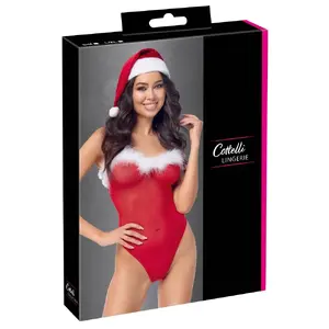 Body and Hat set Cottelli Collection X-Mas L/XL – red powernet body with feather detail, velvet plush Christmas hat, size L/XL