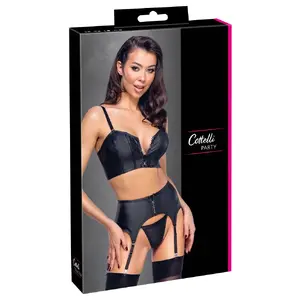 Apakšveļas komplekts Cottelli Collection Top Set Rhinestone Zip XL — korsetes tops, piekāršanas josta, stringi, matēta virsma, regulējamas siksnas