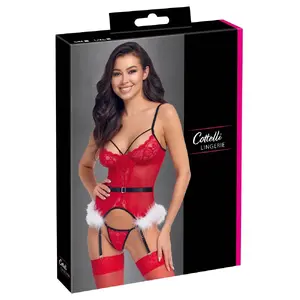Комплект корсет и стринги Cottelli Collection X-Mas L/XL — красный пауэрнет и кружево, регулируемые бретели, перья на бёдрах