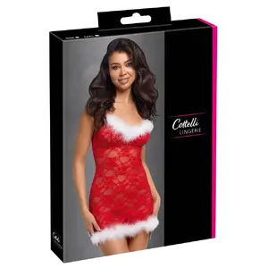 Платье cottelli collection X-Mas Dress модель 27517713111 размер S/M — красная кружевная комбинация с перьями, регулируемые перекрестные бретели