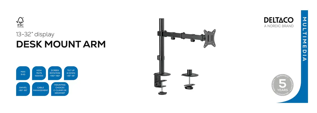 DELTACO ARM-0303-B galda stiprinājums 13–32" Photo 7