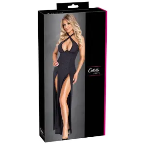Длинное платье cottelli collection 27191421021 — чёрное блестящее эластичное, с мягкими косточками, халтер, открытая спина, высокие разрезы
