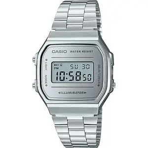 Digitālās rokas pulkstenis CASIO A168WEM-7EF — retro nerūsējošā tērauda siksna, digitālais displejs