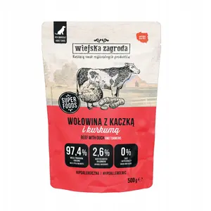 Mitrs barības produkts suņiem wiejskazagroda Beef with Duck 500 g — pilnvērtīgs pieaugušajiem, bez graudiem, 76% mitrums, 10.7% proteīna