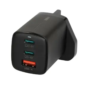 IBOX charger C-65 GaN 65W with UK plug — 3 USB ports (2x USB-C Gen1), USB-C to USB-C cable, black