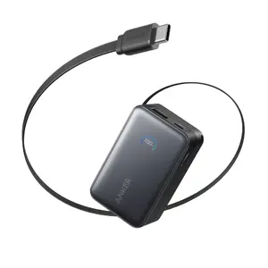 Anker A1638 10000 mAh Black Nano Power Bank with 45 W Total Output Power and Built-In Retractable USB-C Cable
