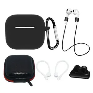 Hurtel silicone protective case set for AirPods 3 with ear hook and neck strap, black