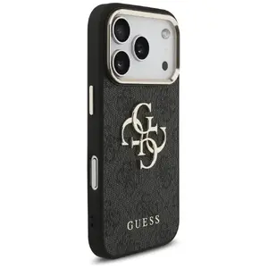 Protective phone case GUESS for Apple iPhone 17 Pro — PU leather, metal logo, gold frame, black