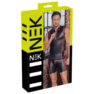 Мужская бесшовная майка NEK 21619821741 размер 2XL – черный матовый, красные полосы, серебристые детали, сетчатые вставки, передняя молния