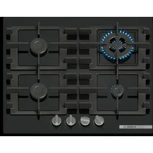 Встраиваемая газовая варочная панель Bosch PNH6B6K40 — 4 конфорки, нержавеющая сталь, закалённое стекло, чугунные решётки, 59 см