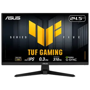 ASUS TUF Gaming VG259QMR5A 24.5 collu Full HD LCD spēļu monitors ar 1920 x 1080 izšķirtspēju, 1 ms atbildes laiku, Fast IPS paneli, 310Hz atsvaidzes intensitāti, AMD FreeSync, NVIDIA G-SYNC un iebūvētiem skaļruņiem, melnā krāsā