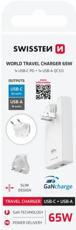 SWISSTEN зарядное GaN 65W USB-C USB-A Photo 2