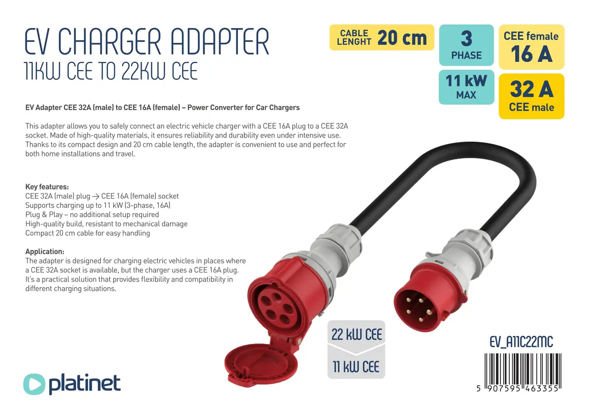 Адаптер PLATINET EV_A11C22MC CEE 16A→32A 11kW Photo 2
