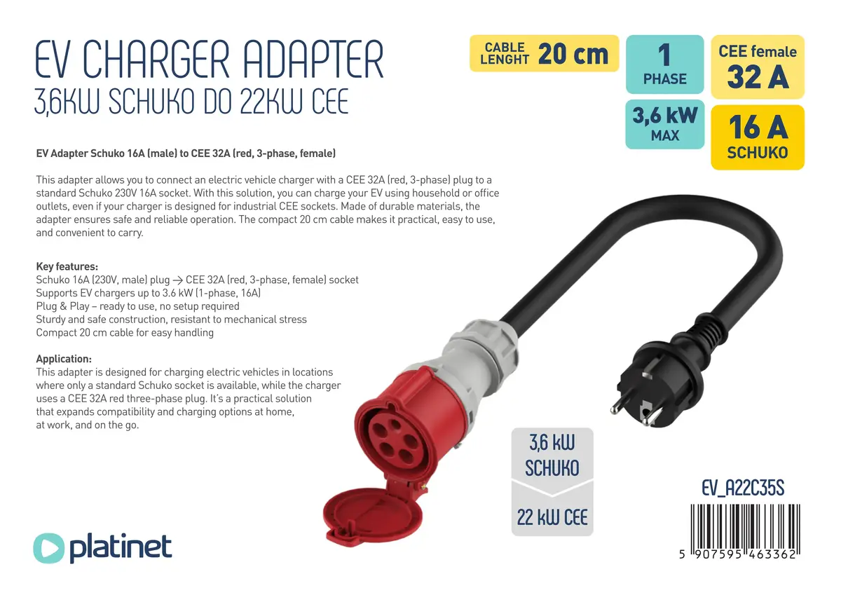 Адаптер PLATINET EV_A22C35S CEE 32A→CEE 16A Photo 2