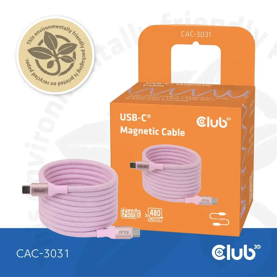 CLUB3D USB-C Магнитный Кабель 240W Розовый Photo 3