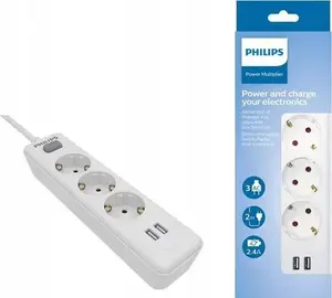 Сетевой фильтр Philips SPN3032WA/60 — 3 розетки, 2× USB, кабель 2 м