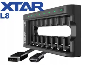 XTAR L8 8 slotu akumulatoru lādētājs 1.5V un 1.2V AA un AAA elementiem ar USB-C interfeisu un LED indikatoriem